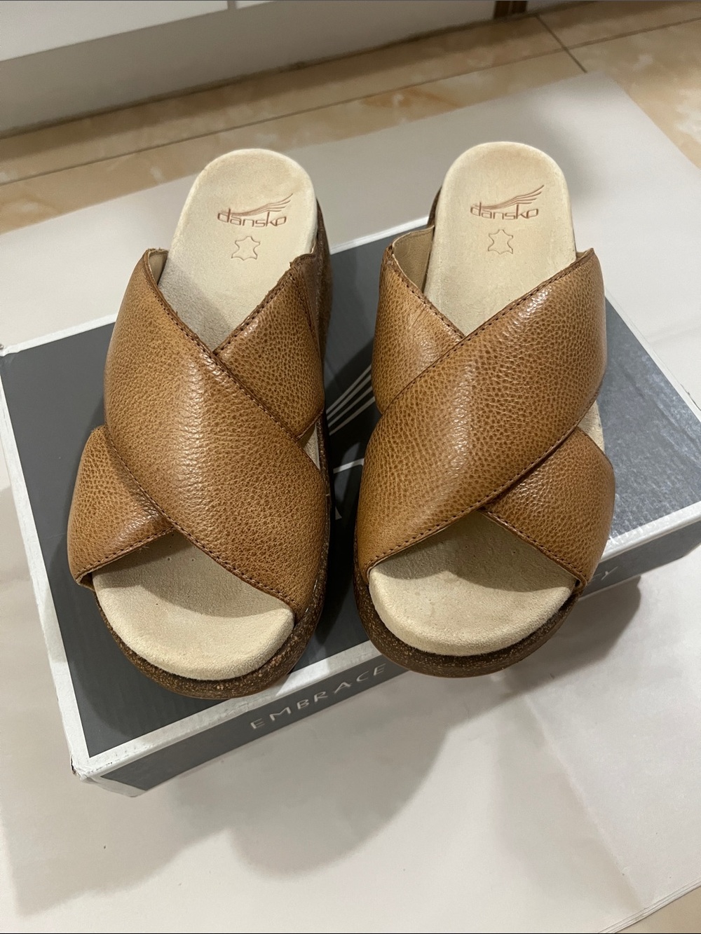 Dansko Brown Leather Crossover Slide Mules
